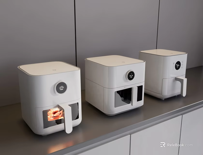 Three White Air Fryers As Daily Electrical Appliances On Kitchen Countertop 3d model 