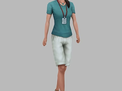 Woman in Blue Short Sleeved T Shirt and White Shorts with Lanyard ID Card 3d model