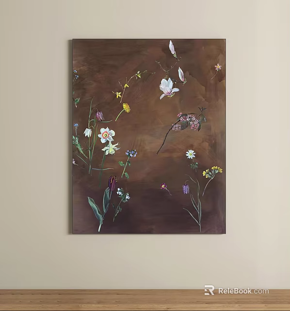 Floral Painting With Various Flowers And Plants On Brown Background Hanging On Wall 3d model 
