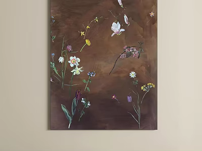 Floral Painting With Various Flowers And Plants On Brown Background Hanging On Wall 3d model