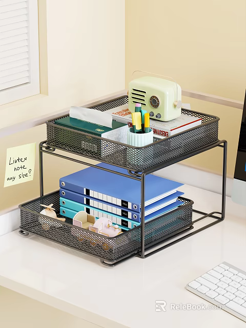 Organized Office Desktop Double Layer Metal Mesh Storage Rack With Files And Stationery 3d model 
