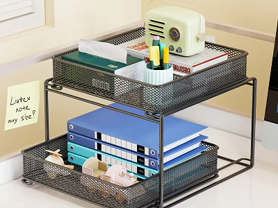 Organized Office Desktop Double Layer Metal Mesh Storage Rack With Files And Stationery 3d model