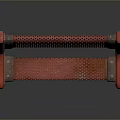 Red Metal Bench With Perforated Slats And Rustic Wooden Frame