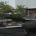 Modern Garden Landscape With Illuminated Geometric Patterns Trees Grass And Paved Pathways