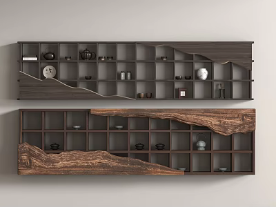Decorative Wooden Display Shelf with Multiple Compartments Ceramic Vases Tea Sets Natural Wood Grain Design 3d model