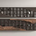 Decorative Wooden Display Shelf with Multiple Compartments Ceramic Vases Tea Sets Natural Wood Grain Design