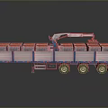 Blue Cargo Truck With Crane Arm Lifting Red Packages On Multi Wheel Trailer