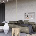Modern Living Room Interior With Brown Sofa Chandelier Large Window Armchair And Coffee Table