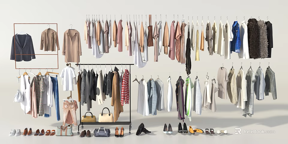Fashionable Clothing Display With Various Styles Colors And Accessories In Retail Store 3d model 