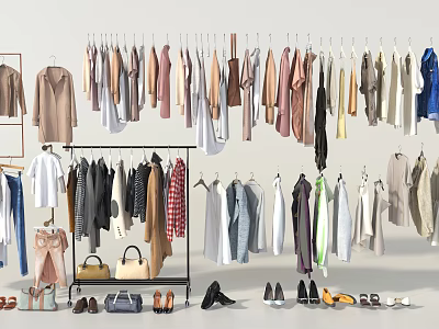 Fashionable Clothing Display With Various Styles Colors And Accessories In Retail Store 3d model