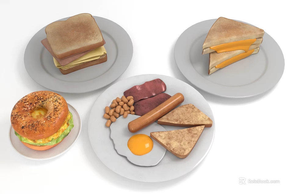 Assorted Breakfast Foods Including Bagel Sandwich Sausage Fried Egg Peanuts And Toast 3d model 