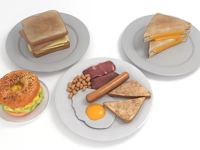 Assorted Breakfast Foods Including Bagel Sandwich Sausage Fried Egg Peanuts And Toast 3d model