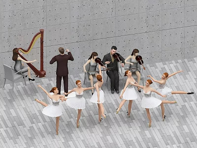 Group of Ballerinas and Musicians Performing with Conductor on Tiled Floor 3d model