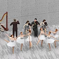 Group of Ballerinas and Musicians Performing with Conductor on Tiled Floor