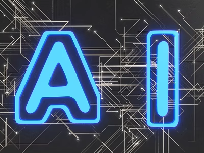 Blue Neon Glowing AI Letters On Tech Circuit Board Digital Background 3d model