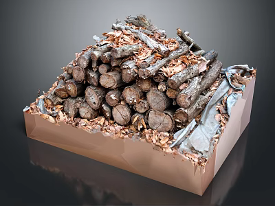 Textured Stacked Wood And Stone In Metal Frame Against Dark Background 3d model
