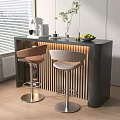 Modern Bar Counter with Bar Stools Coffee Machine Plant Vase Fruits Blinds and White Cabinets