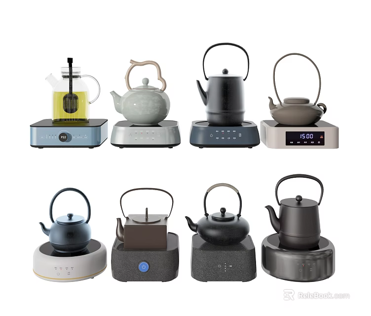Modern Teaware Collection Featuring Various Ceramic Glass Teapots And Electric Heating Bases 3d model
