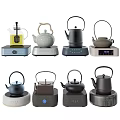 Modern Teaware Collection Featuring Various Ceramic Glass Teapots And Electric Heating Bases 3d model