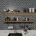 Stylish Kitchenware Pots Cups Bottles On Wooden Shelves With Diamond Pattern Wallpaper And Marble Countertop
