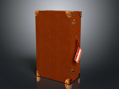 Brown Leather Suitcase With Metal Hardware And Red Luggage Tag 3d model