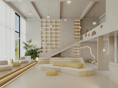 Modern Kindergarten Interior With Soft Seating Green Plants Bookshelves And Staircase 3d model