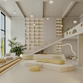 Modern Kindergarten Interior With Soft Seating Green Plants Bookshelves And Staircase