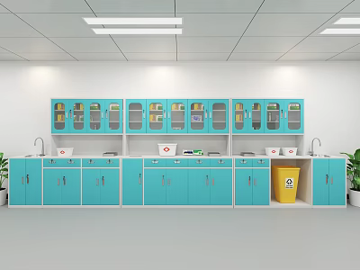 Laboratory Workspace With Blue Cabinets Glass Doors Sinks Yellow Trash Bin And Plants 3d model