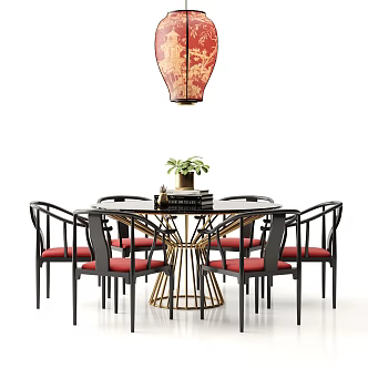 New Chinese Dining Table and Chair Combination Solid Wood Dining Table and Chair 3d model