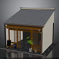 Traditional House Structure With Blue Tiled Roof Wooden Porch And Courtyard Elements