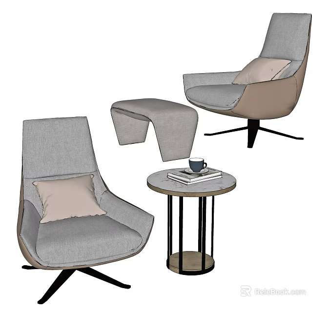 Casual Sofa Set with Armchairs Ottoman Side Table and Decorative Pillows 3d model