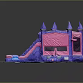Cartoon Themed Inflatable Castle With Pink Purple Slide And Water Pool