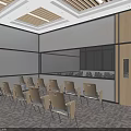 Modern School Classroom Interior With Smart Board Student Desks Bookshelves And Wooden Ceiling