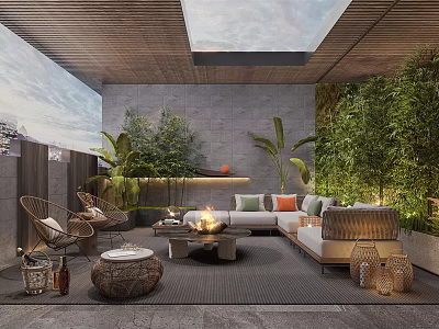 Roof Garden Retreat With Skylight Wicker Chairs Fire Pit And Lush Plants 3d model