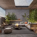 Roof Garden Retreat With Skylight Wicker Chairs Fire Pit And Lush Plants