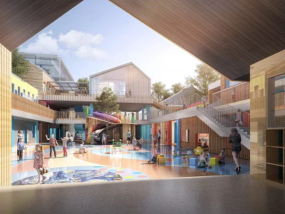 Modern School Building Interior Open Space With Children Playing Slide Colorful Floor Wooden Staircase Trees 3d model