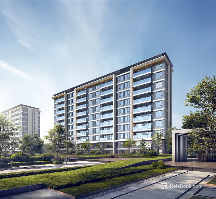 Modern Mid Rise Residential Building With Glass Windows Surrounded By Green Lawns And Trees 3d model 