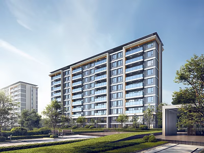 Modern Mid Rise Residential Building With Glass Windows Surrounded By Green Lawns And Trees 3d model