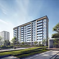 Modern Mid Rise Residential Building With Glass Windows Surrounded By Green Lawns And Trees