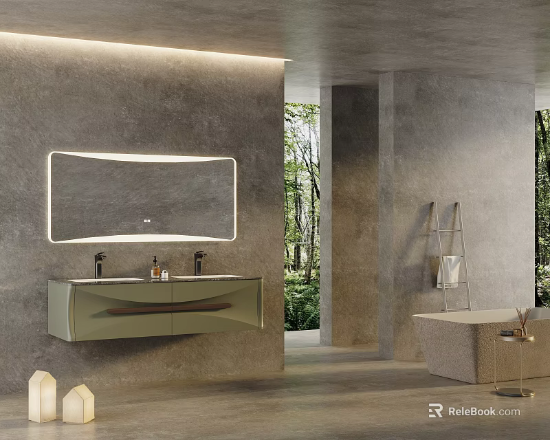 Bathroom Cabinet With Double Sink And Mirror On Gray Wall Natural Light Bathtub Plant Background 3d model 