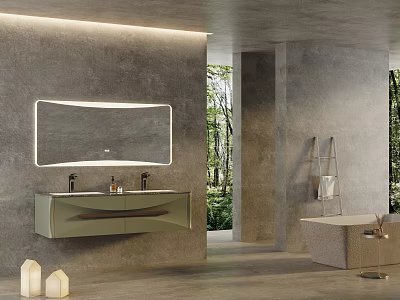 Bathroom Cabinet With Double Sink And Mirror On Gray Wall Natural Light Bathtub Plant Background 3d model