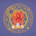 Cartoon Girl With Red Beret Green Eyes And Golden Magic Circle On Blue Fantasy Background