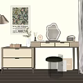 Stylish Dressing Table With Irregular Mirror Drawers Vase Clock Stool And Floor Lamp 3d model
