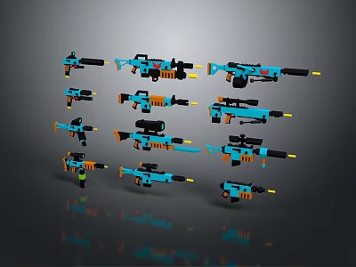 Assorted Toy Weapons in Blue and Orange Including Rifles Pistols with Scopes 3d model