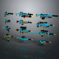 Assorted Toy Weapons in Blue and Orange Including Rifles Pistols with Scopes
