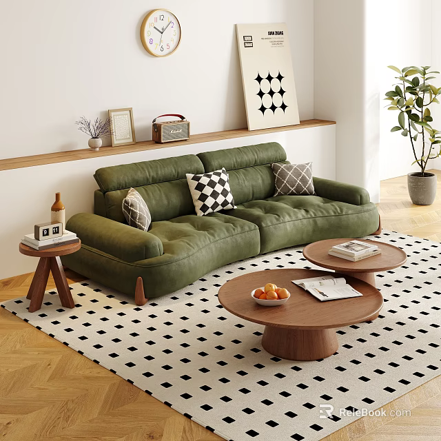Living Room With Green Sofa Throw Pillows Black White Geometric Rug And Wooden Coffee Tables 3d model 