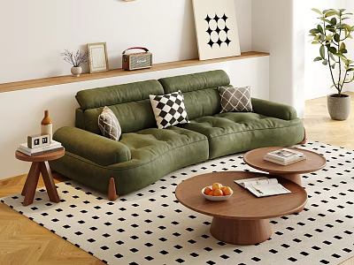 Living Room With Green Sofa Throw Pillows Black White Geometric Rug And Wooden Coffee Tables 3d model