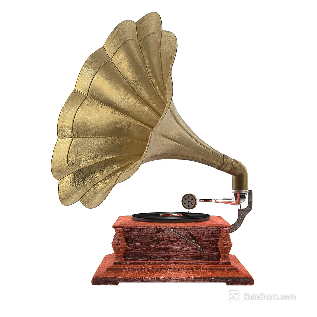 Vintage Gramophone Audio Device With Golden Horn And Wooden Base Design 3d model 