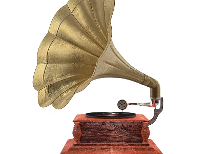 Vintage Gramophone Audio Device With Golden Horn And Wooden Base Design 3d model