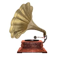 Vintage Gramophone Audio Device With Golden Horn And Wooden Base Design